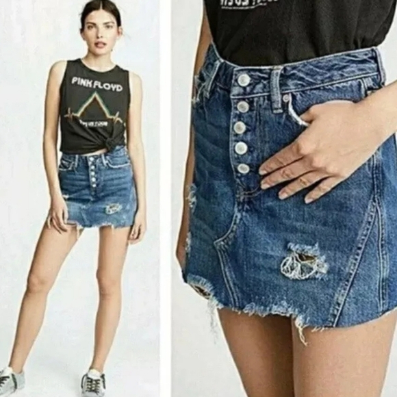 Free People We the Free Destroyed Denim Mini Skirt in Harvey Blue Size 25 - Picture 2 of 12